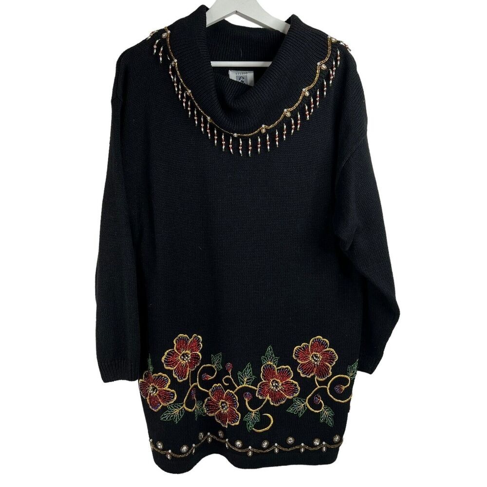Studio Collection Size L Sweater Beaded Embroidered Holiday Tunic Cowl Neck
